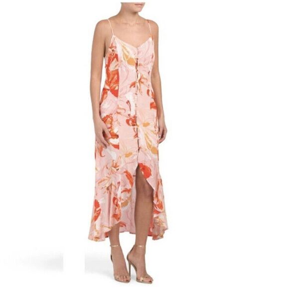 Abel the Label Lola Button Front Midi Dress Flower Bomb Size Large Ruffle FLAWS - Picture 1 of 12